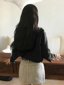 法式复古别致翻领夹克上衣，百搭通勤休闲短款外套，新款秋冬黑色春季单品 - 黑色 - 查看 4