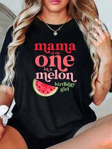 100% Cotton Unisex Mama Of The One In A Melon Birthday Girl Watermelon First T-Shirt Casual Fashion Top - Black - View 6