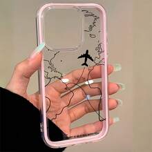 1pc Pink Framed Transparent Minimalist Camera Lens Protection Anti-Fall Anti-Collision Black Line Airplane Flight Map English Letter Pattern Phone Case, Personalized For IPhone 16 Pro Max, 17/16/15/14 Plus, 13/12/11, Air - Multicolor - View 5