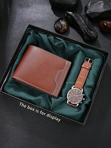 2pcs Men's Casual Versatile Wallet + Business Casual Watch Set, Surprise Gift For Father's Day, Birthday, Anniversary - Brown - View 1