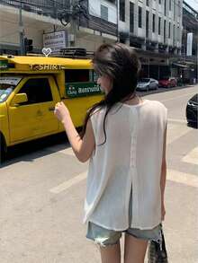 Chaleco de punto sin espalda y calado para mujer, parte superior sin mangas de corte holgado, nueva llegada de verano, ligero - Blanco - Ver 4