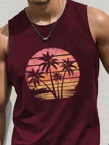 Regata Masculina Camiseta Estampada Quatro Coqueiro no Por do Sol De Praia Casual Masculina Camiseta 100% Algodão Estilo Primavera Verão - Vinho - Visão 2