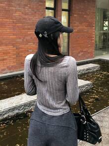 韩式露肩抽绳褶皱长袖T恤 - 灰色 - 查看 2