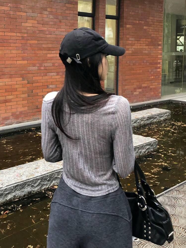 オフショルダー ドローストリング シャーリング ロングスリーブ Tシャツ カジュアル - グレー - 見る 2