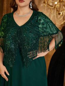 SUPGIR 女士优雅V领高领亮片拼接雪纺流苏袖修身长款晚礼服派对 - 墨綠色 - 查看 6