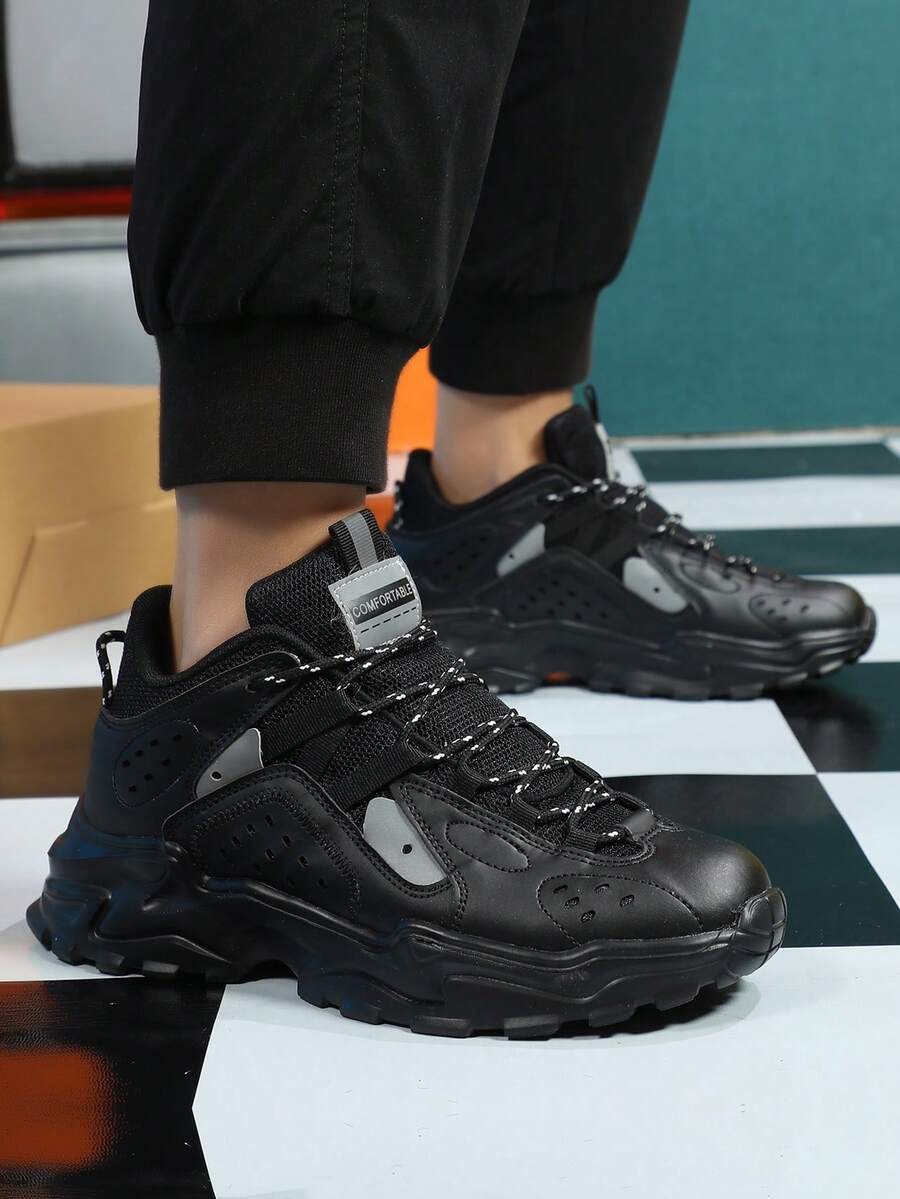 Men's Black Chunky Sneakers With Silver Accents Thick Sole Outdoor Walking Running Comfortable Athletic Shoes Perfect Gift For Him - màu đen - Xem 1