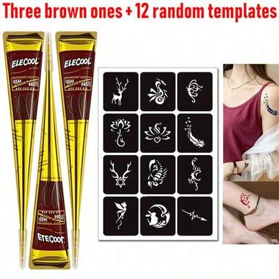 3 piezas de pasta de tatuaje de henna, marrón/negro/rojo, pasta de tatuaje de henna temporal, pasta de tatuaje de henna semi-permanente, pasta de tatuaje de henna resistente al agua, apta para arte corporal y pintura, fácil de usar, incluye 12 pegatinas gratis
