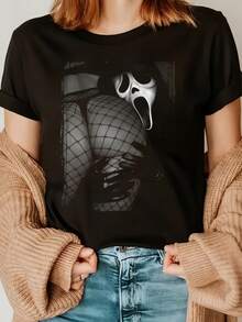 Halloween Retro Washed T-Shirt Scream Ghostface Heart Hands Graphic Tees Water Washing Print T-Shirt, Men's Vintage T-Shirt,Short Sleeves Crew Neck Top Tees, 230 Gram Cotton T Shirts, Holiday Gifts - 黑色 - 查看 1