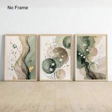 日本风水彩植物印花三件套，鼠尾草绿抽象花卉艺术画，鼠尾草绿米色墙饰，抽象植物印花海报，抽象花卉日本风印花，简约鼠尾草绿墙面装饰，无框 - 花 - 查看 7
