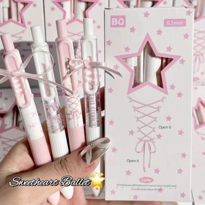 4pcs Sweet Pink & White Series Ballet Style Neutral Pens, Black 0.5mm Ink, Bow Tie Decor Push Button, "Sweet Ballet" Student Writing Supplies, Back To School Gift