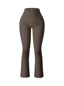 OQQ Women's 1 Piece Yoga Pants Ribbed Seamless Workout High Waist Bell Bottoms Flare Leggings - Màu nâu - Xem 1