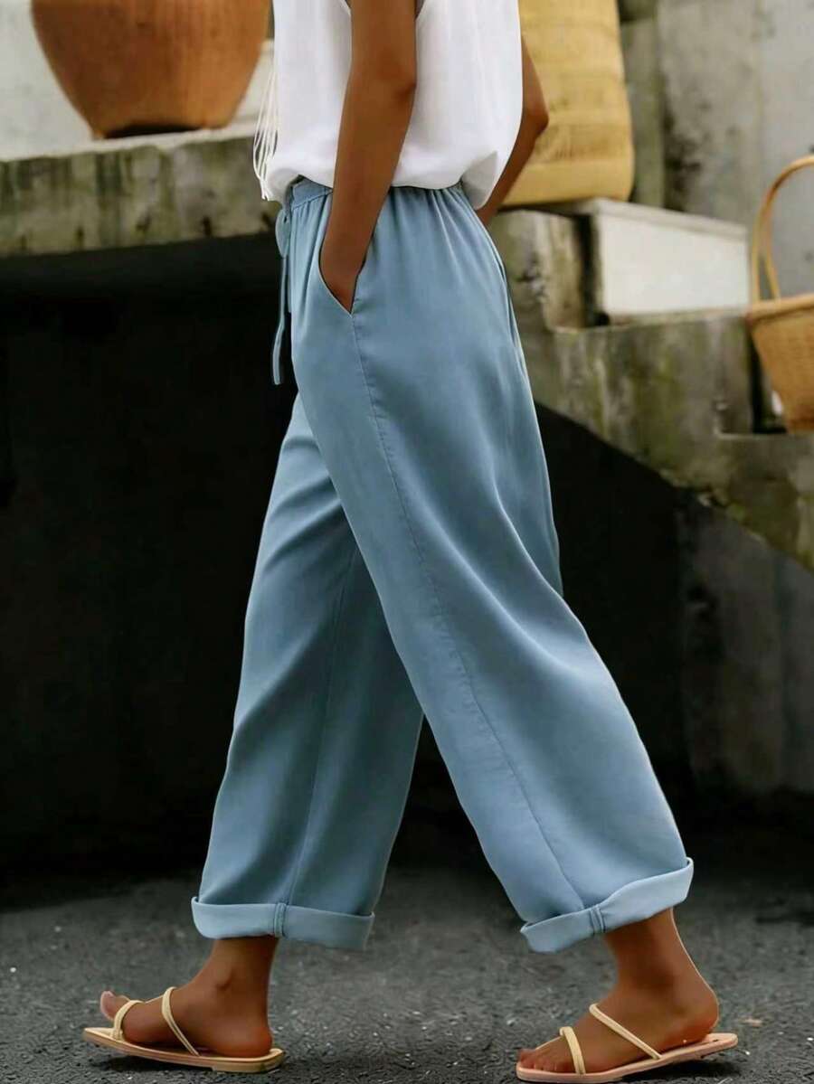 Pantalones casuales y cómodos de unicolor retro, adecuados para primavera/verano, casual de negocios, ropa de playa, ir al trabajo y ocio diario, pantalones anchos y sueltos con bolsillos, nueva colección primavera/verano