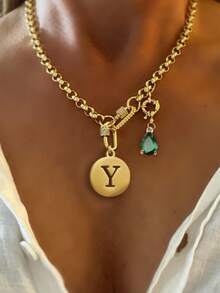 1pc Gold Letter Necklace With Green Diamond Pendant, Stainless Steel Chain, Fashion Multi-Pendant Necklace, Unique Luxury Women Necklace - Yellow Gold - View 7