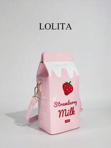 Fashionable Milk Carton Shaped Letter & Cow Print Crossbody Bag, With Detachable Strap And Zipper Closure, Casual Commuter Crossbody Bag, Suitable For Travel And Daily Use, Strawberry Pattern Square Bag , Pink - Pink - View 10