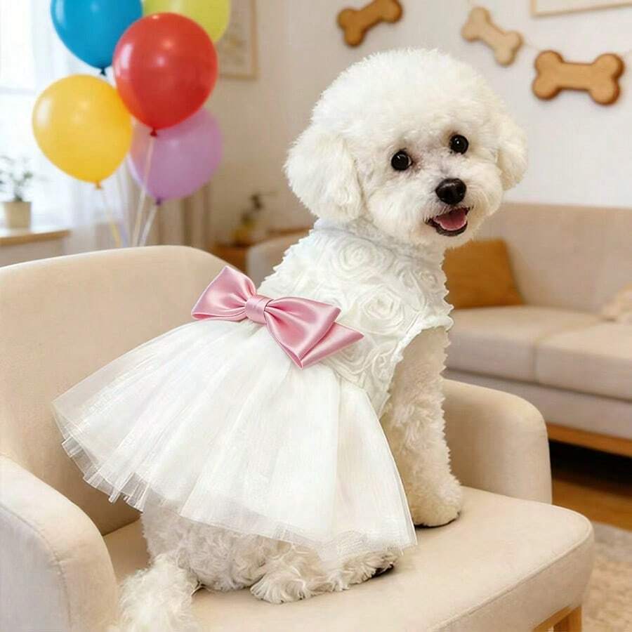 蕾丝刺绣网纱蝴蝶结蓬蓬裙公主裙，适合小型/中型犬 - 粉色 - 查看 1
