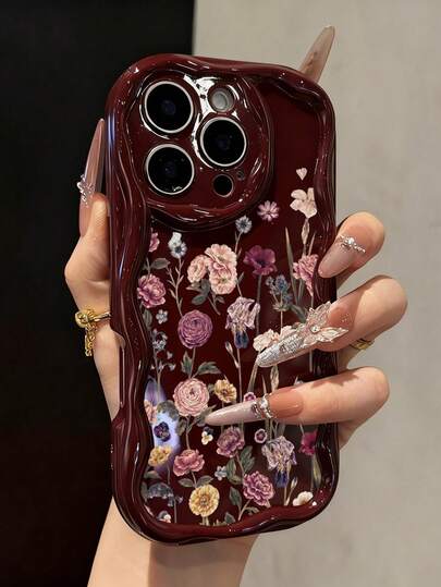 Flower Floral Painted New Flat Printing Cream Texture Burgundy Soft Case Compatible With IP17/IP17PROMAX/Iphone16/Iphone16pro/Iphone16promax/Iphone15/XR/7p8p/P12promax/P13promax/P14PROMAX/P13/P14/P11/P12/P14 Cute Fashion Thick Protective Phone Case For XS/S/XSMAX/78GES2
