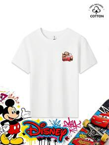 Disney Cars Teeth Cute Mud Print Crew Neck T-Shirt For Boys (Ages 3-12), 100% Cotton, Summer Short-Sleeve. Features A Cute Teeth Teeth Design On The Back, Interacting With Lightning McQueen In The Mud, Along With The "MUD HAPPENS!" Slogan And Mud-Splatter Elements. The Front Features A Small Print Of The Same Character. Pairs Well With Jeans, Shorts, Or Cargo Shorts. Suitable For Theme Park Outings, Outdoor Camping, Everyday Wear, Student Gatherings, And More. Skin-Friendly And Durable Cartoon IP Pattern Top, Creating A Unique Mud-Racing Style For Boys. - White - View 3