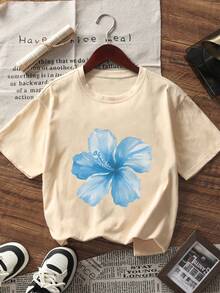 Conjunto de 3 camisetas de manga corta con estampado tropical de conchas y flores para niñas preadolescentes, tops de verano para estudiantes jóvenes - Multicolor - Ver 2