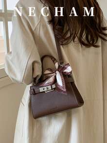 1pc Elegant Vintage Shoulder Bag With Scarf, High-Quality Embossed Leather Handbag - Coffee - View 8
