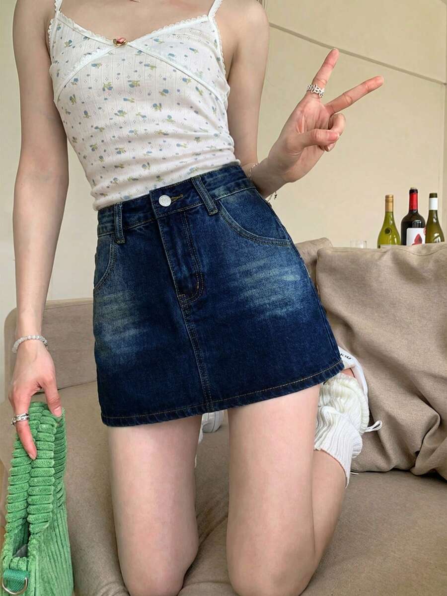 Rok Bodycon Denim Biru, Rok Mini A-Line Pinggang Tinggi dengan Lapisan Dalam, Kasual untuk Musim Panas - Biru tua - View 1