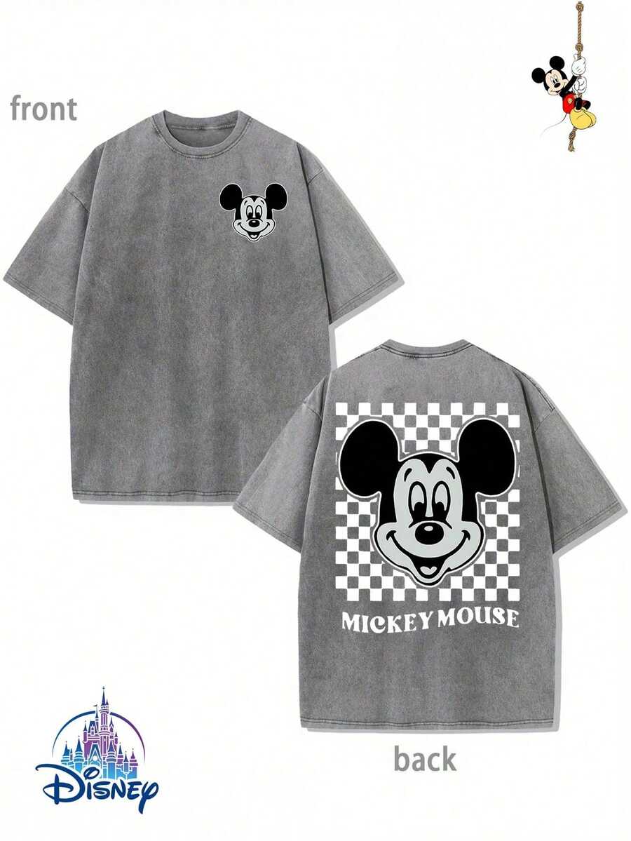 Disney Official Licensed Mickey Mouse Checkerboard Wash T-Shirt 230g Cotton Crew Neck Drop Shoulder Unisex Tee - 灰色 - 查看 1