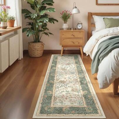 1Pc Sage Green Botanical & Black Edge Runner Rug-Low-Pile Long Carpet,No Lint,No Odor,Non-Slip Backing For Kitchen, Bathroom, Bedroom Hallway - Ideal For Large Spaces & Modern Decor, Durable Material,Holiday Selection