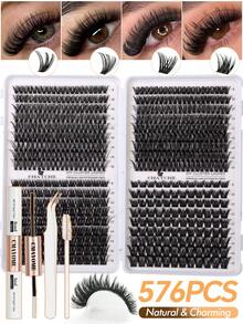 612/576/522 Sets Of D-Shaped Curling Mascara Adhesive Kits - Single Strand False Lashes - Large Capacity - Mixed Pack Of 8 - 16mm Sets Include Mascara Adhesion And Sealing, Eyelash Tweezers, And Eyelash Brush. DIY False Lash Bundles - Naturally Shaped, Thick, Super Soft, Super Light. Reusable Segmented Single Strand False Lash Kits - White - View 13