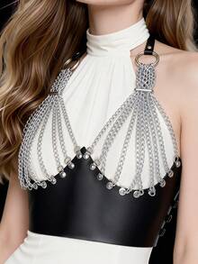 女士性感银链身体饰品，皮质胸罩式背心，适合夜店派对的锐舞节装扮 - 彩色 - 查看 2