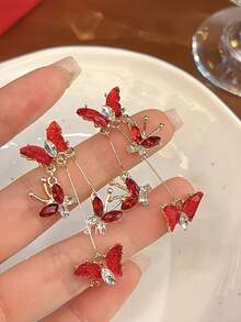 一对优雅蝴蝶锆石耳环，时尚长流苏耳环 - 彩色 - 查看 4