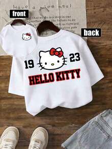 Hello Kitty -Inspired Kids' Oversized T-Shirt (2-14Y) | Unisex Soft Polyester (Polyester) Short-Sleeve | Cute Pink Cartoon Print | All-Season Casual Wear | Express Delivery | Kawaii Sanrio Graphic Tees For Boys & Girls - 白色1 - 查看 1
