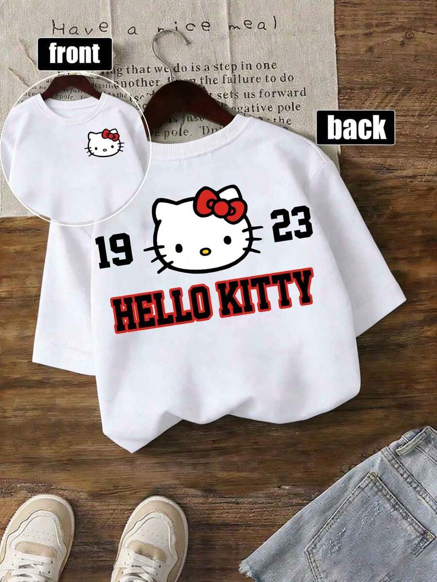 Hello Kitty -Inspired Kids' Oversized T-Shirt (2-14Y) | Unisex Soft Polyester (Polyester) Short-Sleeve | Cute Pink Cartoon Print | All-Season Casual Wear | Express Delivery | Kawaii Sanrio Graphic Tees For Boys & Girls - 白色1 - 查看 1