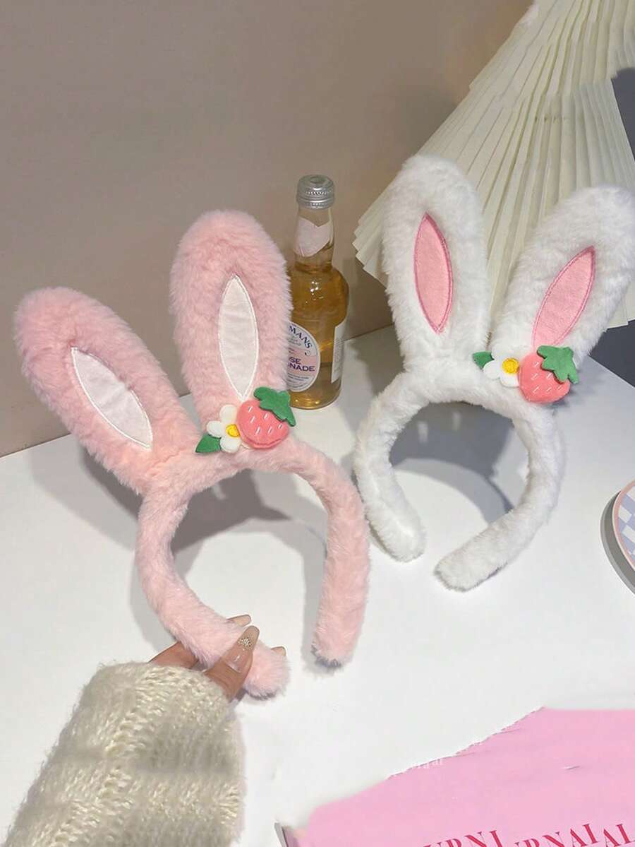 1pc Cute Street Style Women Strawberry Flower Rabbit Ear Headband, Rabbit Headband Hair Accessory Hair Band Diadema Hair Hoop - Multicolor - View 1