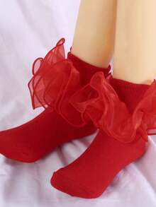 1 Pair Cotton Baby Girls' Socks With Big Lace Ruffle, Princess Ballet Dance Socks - Red - View 4