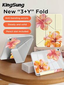 Kingsung Funda protectora de cristal acrílico transparente con patrón floral en forma de Y, plegable y de doble cara, pintada con aerosol, compatible con tabletas Tablets/Mini6/7/9.7/10.2/10.5/10.9/12.9/Pro 11, 10th Gen, admite ajuste de múltiples ángulos, 6 modos de colocación de soporte, ranura integrada para bolígrafo, placa trasera transparente, protección antideslizante, activación/suspensión automática - Multicolor - Ver 5