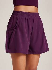 VUTRU 1pc Elastic Waist Shorts With Pockets, Lightweight For Yoga Studio & Fitness Sports - Bold Plum - View 3