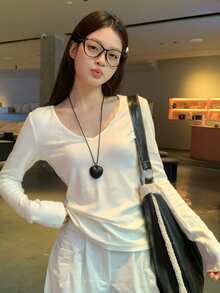 Women's White V-Neck Long Sleeve T-Shirt, Solid Color, Flattering Shoulder, Slim Fit, Layering Top For Autumn - White - View 6