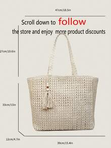 1pc FEISTURE Large Capacity Fringed Woven Shoulder Beach Bag, Travel Straw Bag, Spring/Summer - White - View 3