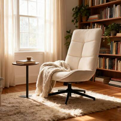 Meubles Cosy 360° drehbarer Entspannungsstuhl aus Chenille-Stoff mit klappbarer Rückenlehne und schwarzem KD-Sockel, bequem gepolstert mit verstellbarer Höhe, ohne Armlehnen, Beige, 67 x 61 x 89–95 cm