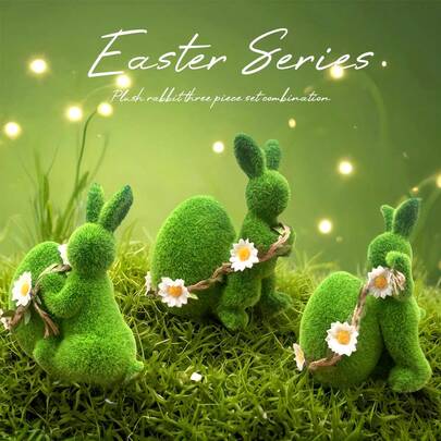 3 件套/6.9 英寸高 – 逼真的仿真苔藓兔子装饰套装 | 北欧风格，绿色天鹅绒质感，三种独特姿势，饰以雏菊花环，非常适合复活节、春季、家居装饰、花园、客厅、卧室或桌面摆放