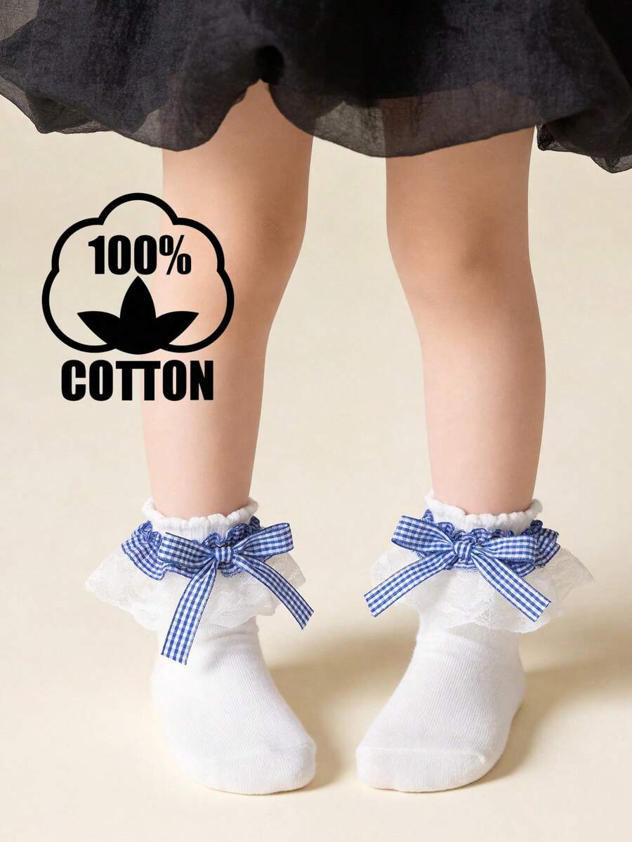 1 Pair Cotton Children's Lace Plaid Bow Ruffle Dance Princess Fashion Versatile Party Socks
