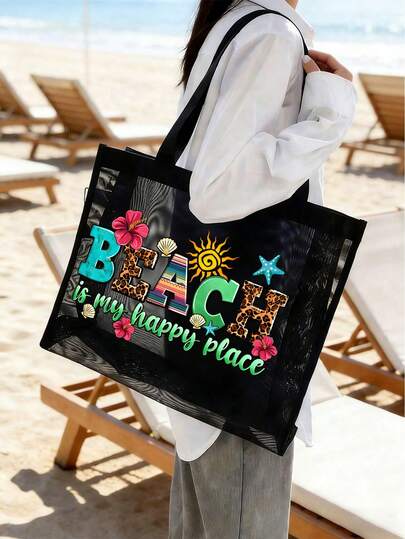 1/2 件装大容量网眼袋套装，彩色字体印有“Beach”字样，搭配可爱的海滩图案、蓝色海洋字体装饰和海浪上的贝壳图案，网眼沙滩包手提袋，网眼化妆包，可折叠大容量防水防沙游泳沙滩包，字母装饰网眼沙滩手提包女士单肩包，个性化礼品袋，适合通勤、购物、度假和日常休闲使用，是送给朋友的完美礼物。