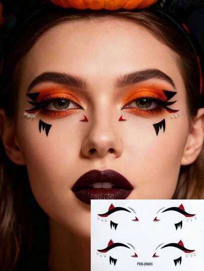 1 Sheet Bold Red Accent Eyeliner Stickers - Dramatic Winged & Flame-Like Designs Self-Adhesive Face & Eye Decor For Club Nights Themed Parties & Statement Makeup Reusable Waterproof Eyeliner Stickers For Women & Bold Style Enthusiasts
