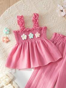 BASUSARRI 荷叶边吊带针织背心和直筒阔腿裤套装，时尚百搭，淑女甜美可爱，适合情人节、约会、聚会等场合，女生适用。 - 粉色 - 查看 6