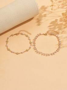 2pcs/Set Cute Alloy Faux Pearl Tassel Pendant Anklet, Handmade Daisy Foot Jewelry, Suitable For Daily Wear, Beach, Date, Party - Multicolor - View 2