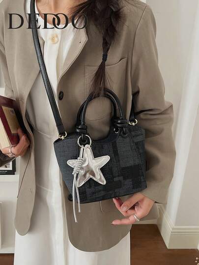 Dedoo 女士格子拼接迷你托特包，皮革打结设计，优雅手提包/单肩包，适合放置手机、口红、卡包等，非常适合购物、度假、约会和日常通勤。