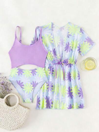 2pcs/Set Young Girl Purple & Green Floral Swimwear, Contrast Color Camisole Swimwear + Drawstring Cover-Up, Sweet Vacation Style Summer Swimwear