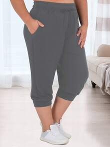 Celana Jogger Wanita Ukuran Besar dengan Kantong & Tali Serut, Gaya Olahraga Kasual, Pinggang Elastis, Potongan Longgar. - Dark Grey - View 4