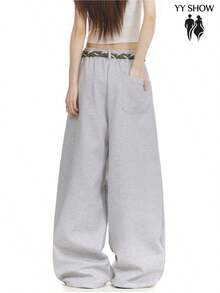 Curved Silhouette Jersey Pants For Men And Women. High-Quality Street Style, Loose Fit, Wide Leg, Unisex, Thick Sweatpants For Fall And Winter. - 灰色 - 查看 4