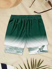 Plus Size Men's Beach Vacation Inner Pattern Printed Double-Layer Shorts - Green - View 3