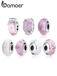 Bamoer 925纯银可爱粉色猫咪穆拉诺玻璃珠花朵吊坠，适合DIY手链，情人节礼物 - 銀色 - 查看 2